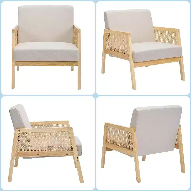 Acekool Lot de 2 Fauteuils d'Appoint Modernes du Milieu du Siècle, Accoudoirs en Rotin, Lin Rembourré, Pieds en Bois, pour Salon, Chambre à Coucher, Blanc