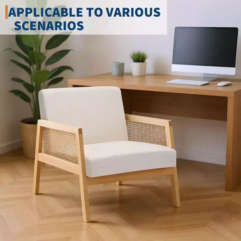 Acekool Lot de 2 Fauteuils d'Appoint Modernes du Milieu du Siècle, Accoudoirs en Rotin, Lin Rembourré, Pieds en Bois, pour Salon, Chambre à Coucher, Blanc