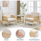 Acekool Lot de 2 Fauteuils d'Appoint Modernes du Milieu du Siècle, Accoudoirs en Rotin, Lin Rembourré, Pieds en Bois, pour Salon, Chambre à Coucher, Blanc