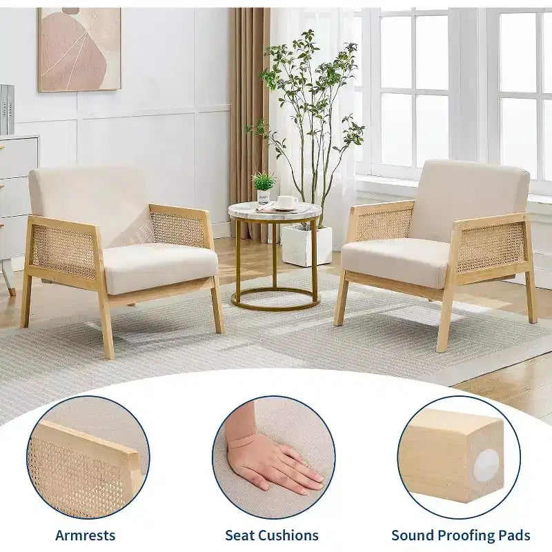 Acekool Lot de 2 Fauteuils d'Appoint Modernes du Milieu du Siècle, Accoudoirs en Rotin, Lin Rembourré, Pieds en Bois, pour Salon, Chambre à Coucher, Blanc