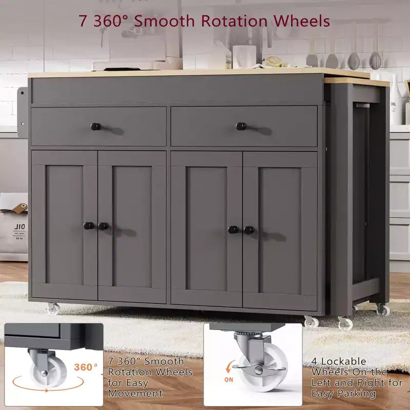 Bestier 75 Îlot de cuisine avec table à manger extensible, îlot de cuisine roulant sur roues avec porte-épices et 2 tiroirs, armoire à 4 portes