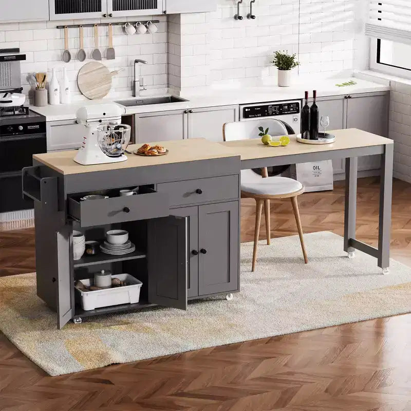 Bestier 75 Îlot de cuisine avec table à manger extensible, îlot de cuisine roulant sur roues avec porte-épices et 2 tiroirs, armoire à 4 portes