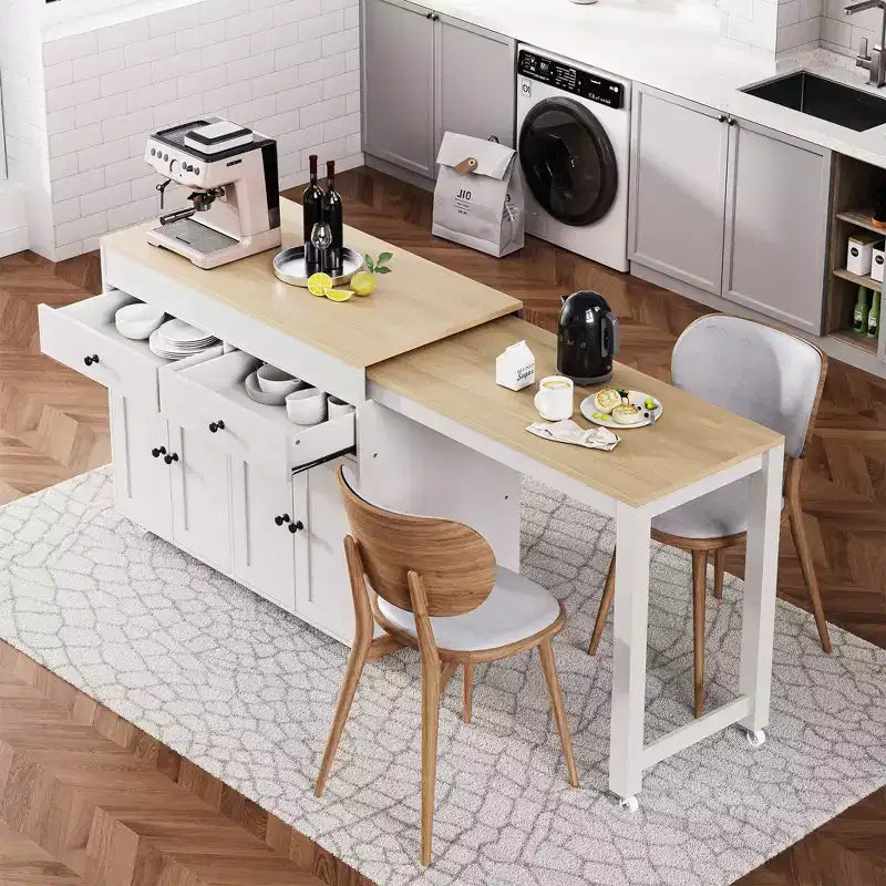 Bestier 75 Îlot de cuisine avec table à manger extensible, îlot de cuisine roulant sur roues avec porte-épices et 2 tiroirs, armoire à 4 portes