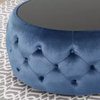 TUYOHW Pouf moderne avec plateau en verre, table basse ronde en velours touffeté avec capitonnage en losange, tabouret pour salon, chambre à coucher