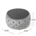 TUYOHW Pouf moderne avec plateau en verre, table basse ronde en velours touffeté avec capitonnage en losange, tabouret pour salon, chambre à coucher