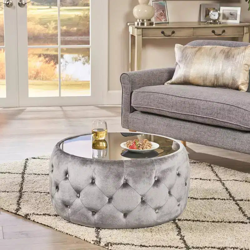 TUYOHW Pouf moderne avec plateau en verre, table basse ronde en velours touffeté avec capitonnage en losange, tabouret pour salon, chambre à coucher