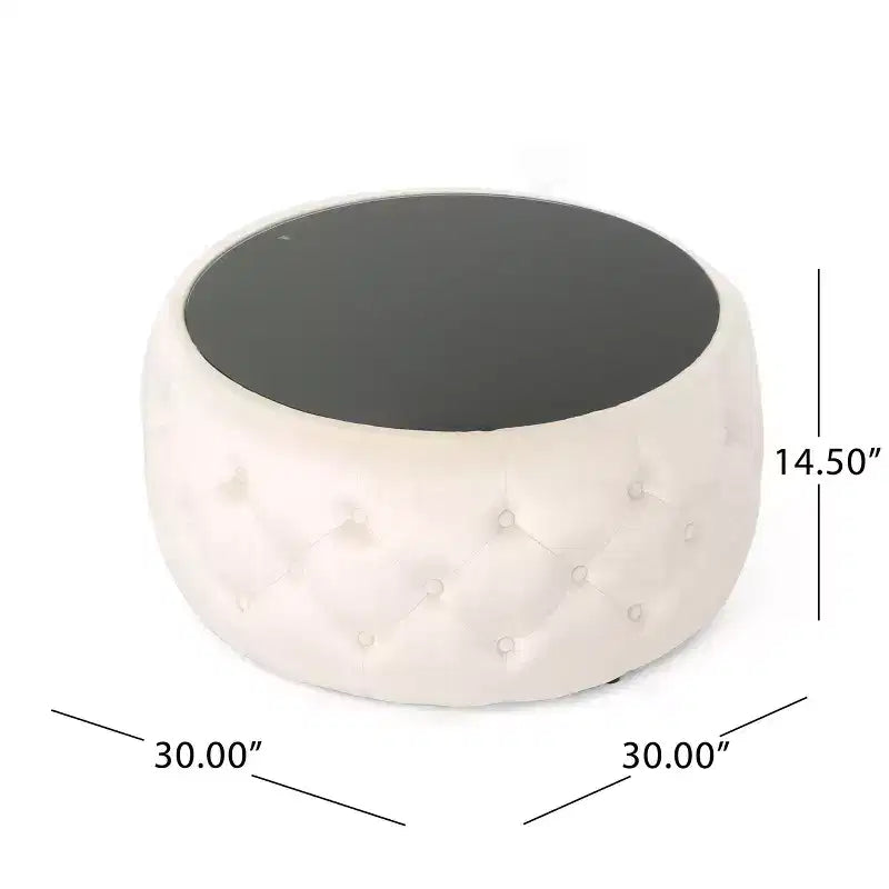 TUYOHW Pouf moderne avec plateau en verre, table basse ronde en velours touffeté avec capitonnage en losange, tabouret pour salon, chambre à coucher