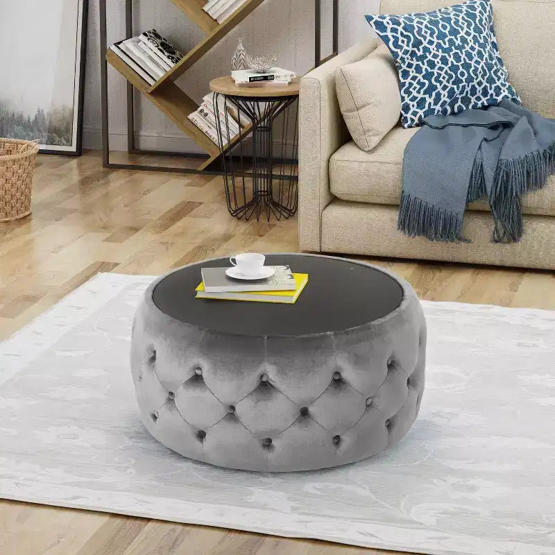 TUYOHW Pouf moderne avec plateau en verre, table basse ronde en velours touffeté avec capitonnage en losange, tabouret pour salon, chambre à coucher