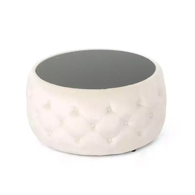TUYOHW Pouf moderne avec plateau en verre, table basse ronde en velours touffeté avec capitonnage en losange, tabouret pour salon, chambre à coucher