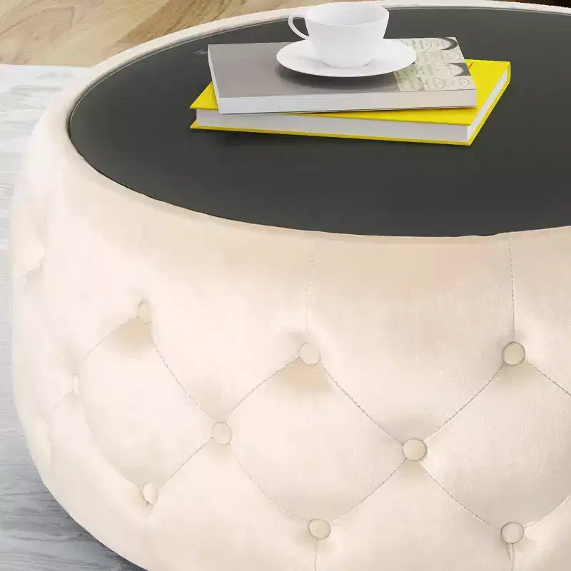 TUYOHW Pouf moderne avec plateau en verre, table basse ronde en velours touffeté avec capitonnage en losange, tabouret pour salon, chambre à coucher
