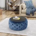 TUYOHW Modern Ottoman with Glass Top Round Velvet Upholstered Coffee Table with Button-Tufted Diamond Stitch Foot Stool for Living Room, Bedroom