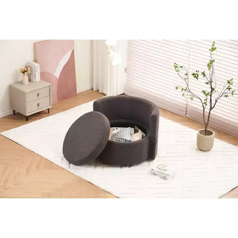Fauteuil pivotant en tissu Teddy TUYOHW, fauteuil de salon rotatif avec 3 coussins décoratifs, base noire, rangement, coussin de dossier, fauteuil d'appoint pour salon, chambre à coucher
