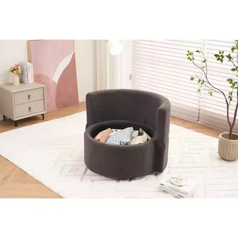 Fauteuil pivotant en tissu Teddy TUYOHW, fauteuil de salon rotatif avec 3 coussins décoratifs, base noire, rangement, coussin de dossier, fauteuil d'appoint pour salon, chambre à coucher