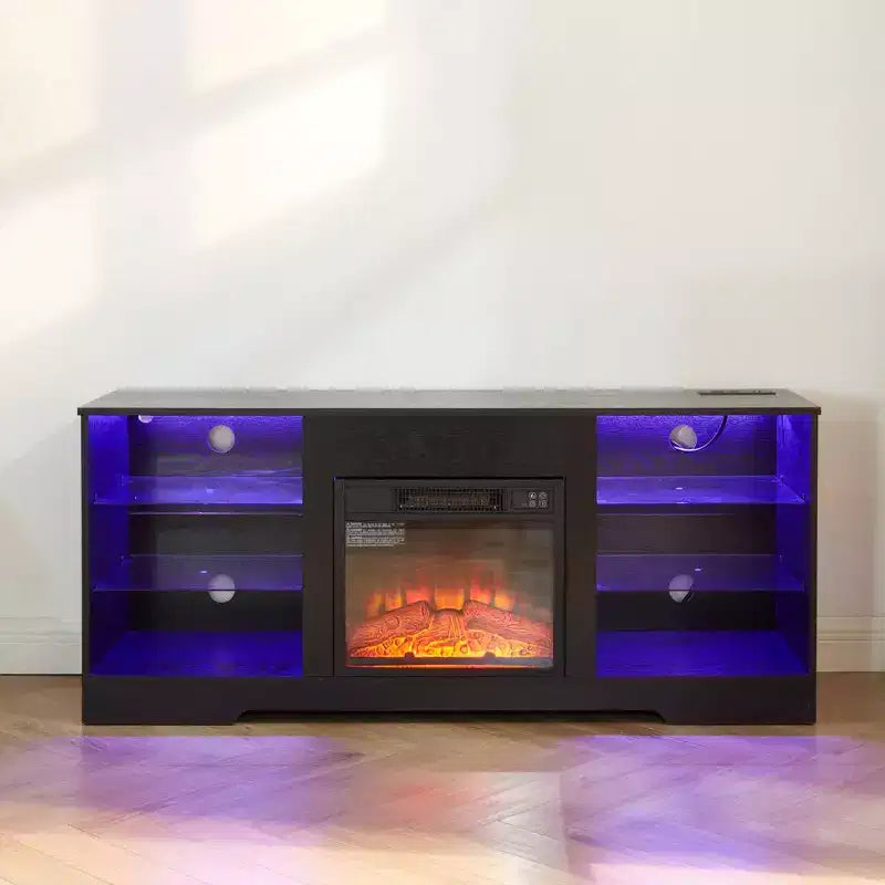 Meuble TV Foyer 3D TUYOHW avec Lumières LED pour TV jusqu'à 60 Pouces, Prise de Chargement USB et Étagères en Verre