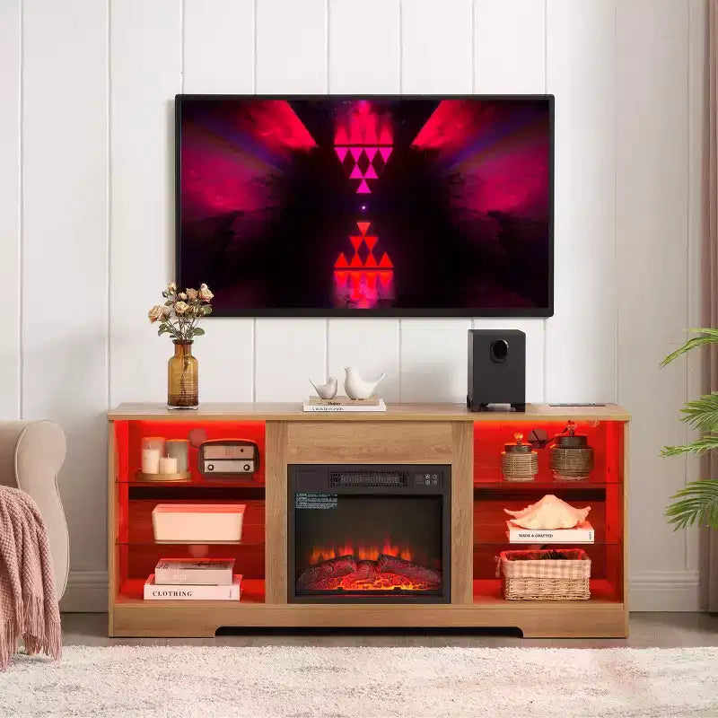 Meuble TV Foyer 3D TUYOHW avec Lumières LED pour TV jusqu'à 60 Pouces, Prise de Chargement USB et Étagères en Verre