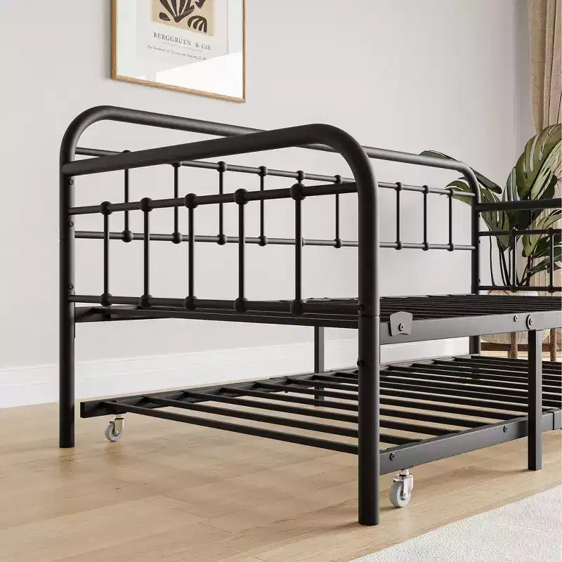 Cadre de lit de repos en métal de taille double MAYEERTY avec lit gigogne, plateforme de canapé-lit robuste, pas besoin de sommier tapissier, noir