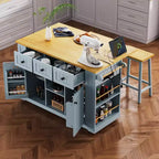 Îlot de cuisine, Chariot roulant avec prise électrique, Extension rabattable, 5 roues, 3 tiroirs, porte et étagère de rangement intérieure pour salle à manger