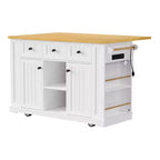 Îlot de cuisine, Chariot roulant avec prise électrique, Extension rabattable, 5 roues, 3 tiroirs, porte et étagère de rangement intérieure pour salle à manger