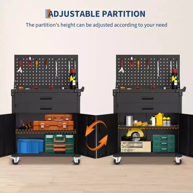 Meuble de rangement à roulettes robuste COZONY avec 2 tiroirs et panneau perforé, établi de garage verrouillable pour atelier