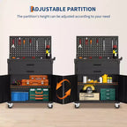 Meuble de rangement à roulettes robuste COZONY avec 2 tiroirs et panneau perforé, établi de garage verrouillable pour atelier