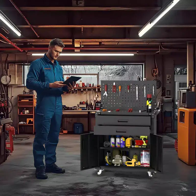 Meuble de rangement à roulettes robuste COZONY avec 2 tiroirs et panneau perforé, établi de garage verrouillable pour atelier