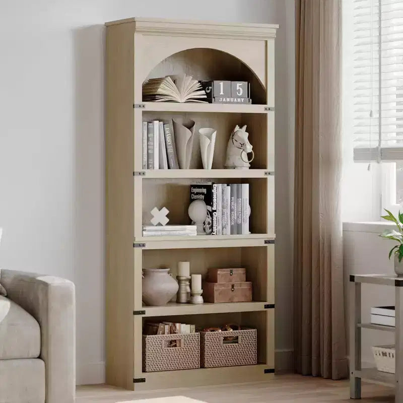 Acekool Étagère de bibliothèque arquée à 5 niveaux, bibliothèque rustique en bois de style ferme avec protections d'angle en métal, pour le salon