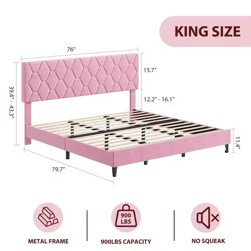 Cadre de lit plateforme COZONY King Size avec tête de lit capitonnée, support à lattes en bois, pas besoin de sommier tapissier