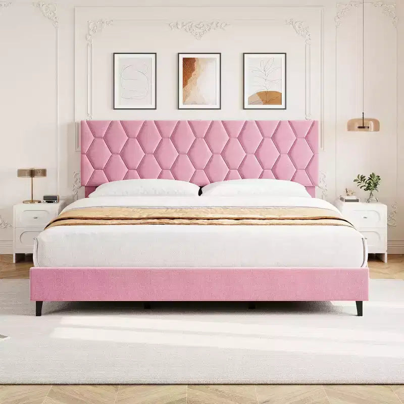 Cadre de lit plateforme COZONY King Size avec tête de lit capitonnée, support à lattes en bois, pas besoin de sommier tapissier