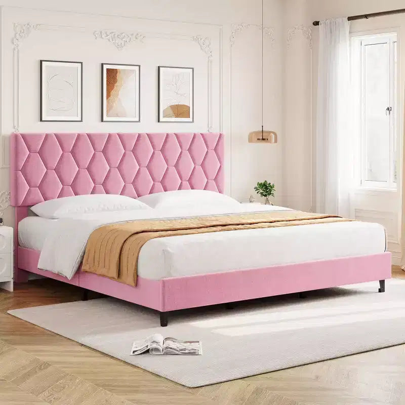 Cadre de lit plateforme COZONY King Size avec tête de lit capitonnée, support à lattes en bois, pas besoin de sommier tapissier