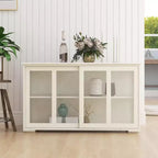 JVNOXK 42-inch glass-door kitchen storage cabinet featuring two sliding glass doors, two side ventilation grilles, and one adjustable shelf. White