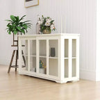 Meuble de rangement de cuisine JVNOXK de 42 pouces avec portes vitrées, comprenant deux portes coulissantes en verre, deux grilles d'aération latérales et une étagère réglable. Blanc