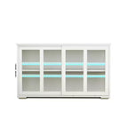Meuble de rangement de cuisine JVNOXK de 42 pouces avec portes vitrées, comprenant deux portes coulissantes en verre, deux grilles d'aération latérales et une étagère réglable. Blanc