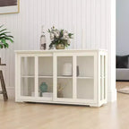 Meuble de rangement de cuisine JVNOXK de 42 pouces avec portes vitrées, comprenant deux portes coulissantes en verre, deux grilles d'aération latérales et une étagère réglable. Blanc