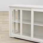 Meuble de rangement de cuisine JVNOXK de 42 pouces avec portes vitrées, comprenant deux portes coulissantes en verre, deux grilles d'aération latérales et une étagère réglable. Blanc