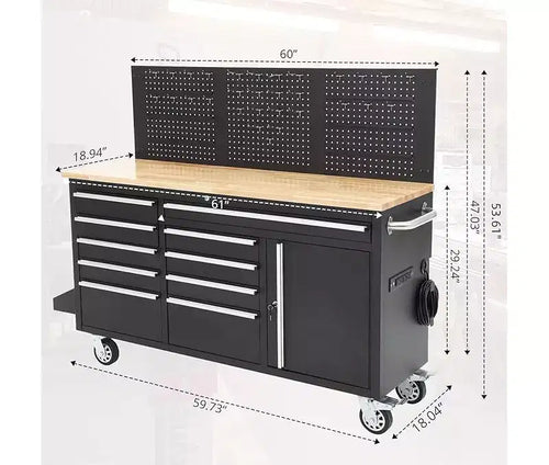 Servante d'atelier roulante et établi de garage 10 tiroirs de 155 cm avec multiprise, plateau en bois d'hévéa massif, capacité de charge de 760 kg, armoire de poste de travail mobile robuste