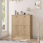 Meuble à chaussures avec 2 tiroirs basculants, meuble à chaussures en bois cannelé dissimulé avec étagère réglable, meuble de rangement à chaussures autoportant pour entrée ou couloir