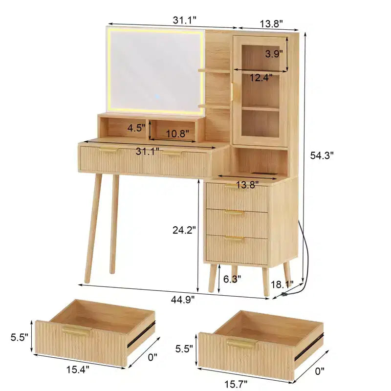 COZONY Coiffeuse 5 tiroirs avec lumières et prise de courant, table de maquillage cannelée avec miroir éclairé de 23,6 pouces