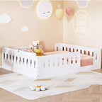 Lit de sol pleine grandeur avec barrière, lit Montessori en bois avec balustrades de sécurité pour garçons et filles