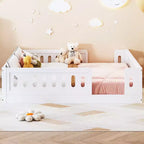 Lit de sol pleine grandeur avec barrière, lit Montessori en bois avec balustrades de sécurité pour garçons et filles