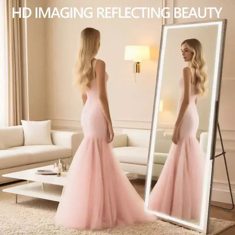 Miroir pleine longueur moderne TUYOHW avec LED 3 couleurs réglables, miroir mural, miroir sur pied ou à poser pour salon, chambre à coucher, noir