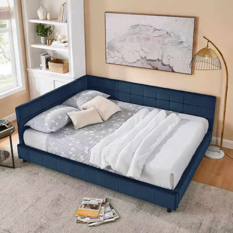 MAYEERTY Cadre de lit Queen Size rembourré capitonné avec dossier et accoudoirs en velours pour chambre à coucher, bleu