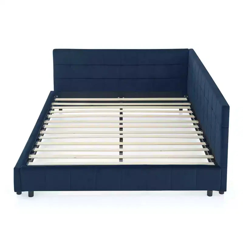 MAYEERTY Cadre de lit Queen Size rembourré capitonné avec dossier et accoudoirs en velours pour chambre à coucher, bleu