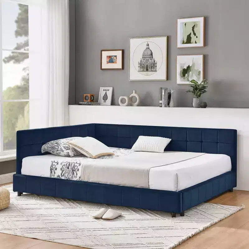 MAYEERTY Lit double capitonné avec dossier et accoudoirs pour chambre à coucher, bleu