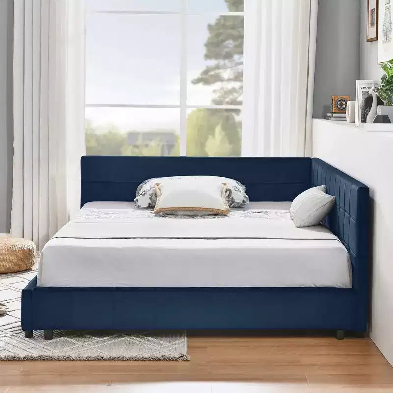 MAYEERTY Lit double capitonné avec dossier et accoudoirs pour chambre à coucher, bleu