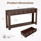 Console d'entrée de 150 cm, table de canapé étroite et longue à 2 niveaux avec 2 tiroirs, table en bois à placer derrière le canapé, table de hall d'entrée pour le salon