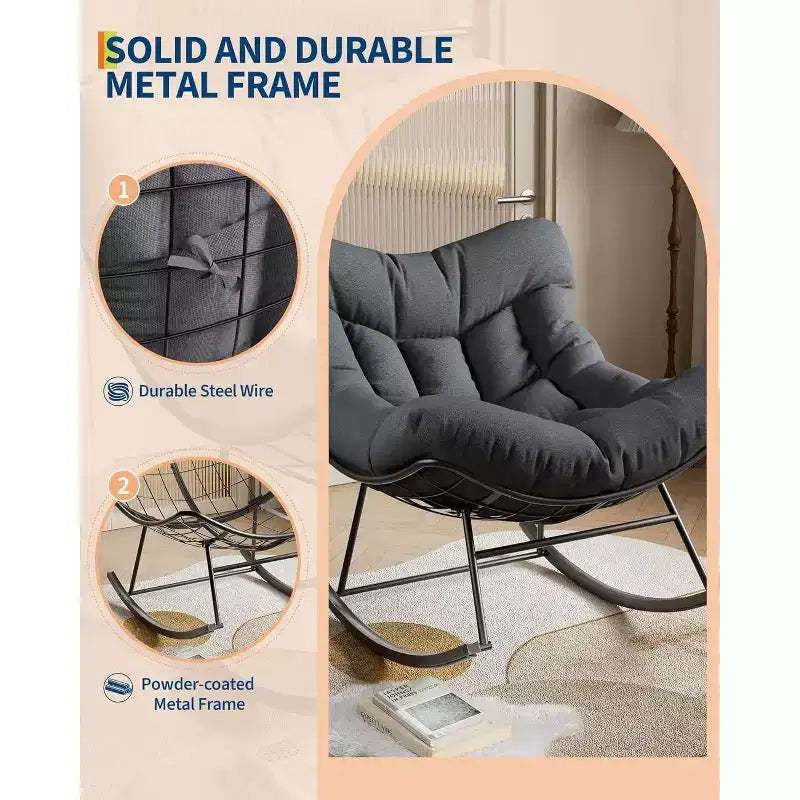 Fauteuil à bascule Papasan d'extérieur, fauteuil à bascule surdimensionné avec cadre métallique robuste, fauteuil à bascule en rotin en forme d'œuf pour balcon, jardin, porche, chambre à coucher