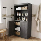62 High Black Wooden Combination Bathroom Cabinet with Adjustable Shelves and 2 Doors, Open Storage for Bathroom Living Room Laundry Room