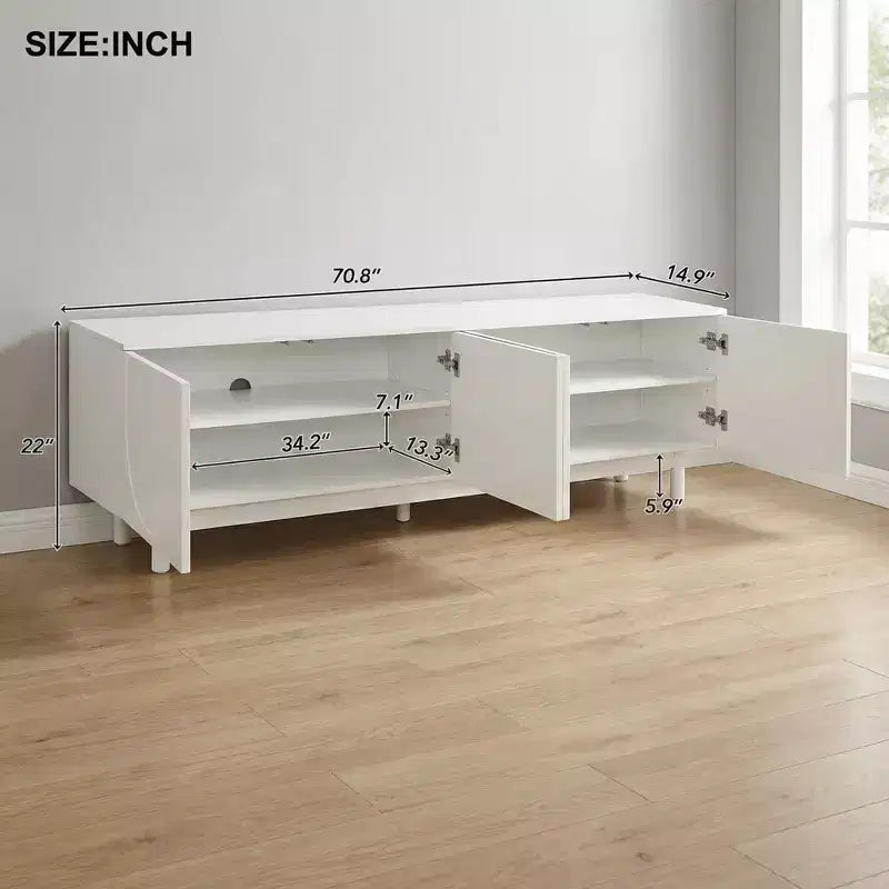 JVNOXK Meuble TV voûté élégant et stylé, adapté aux téléviseurs jusqu'à 78 pouces. Dispose d'un design minimaliste de pieds en bois massif blanc.