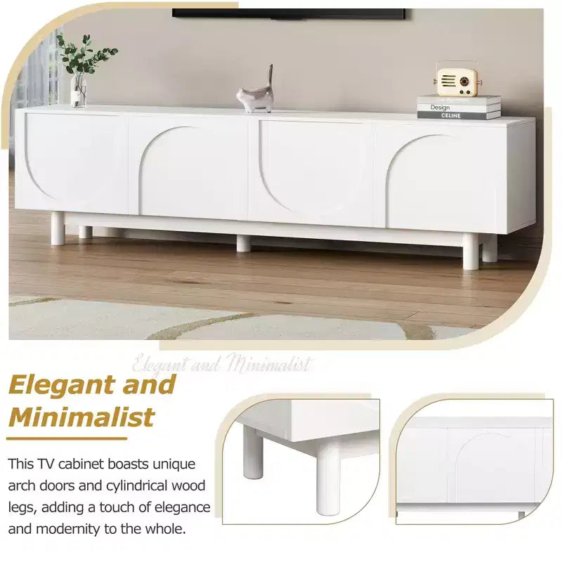 JVNOXK Meuble TV voûté élégant et stylé, adapté aux téléviseurs jusqu'à 78 pouces. Dispose d'un design minimaliste de pieds en bois massif blanc.