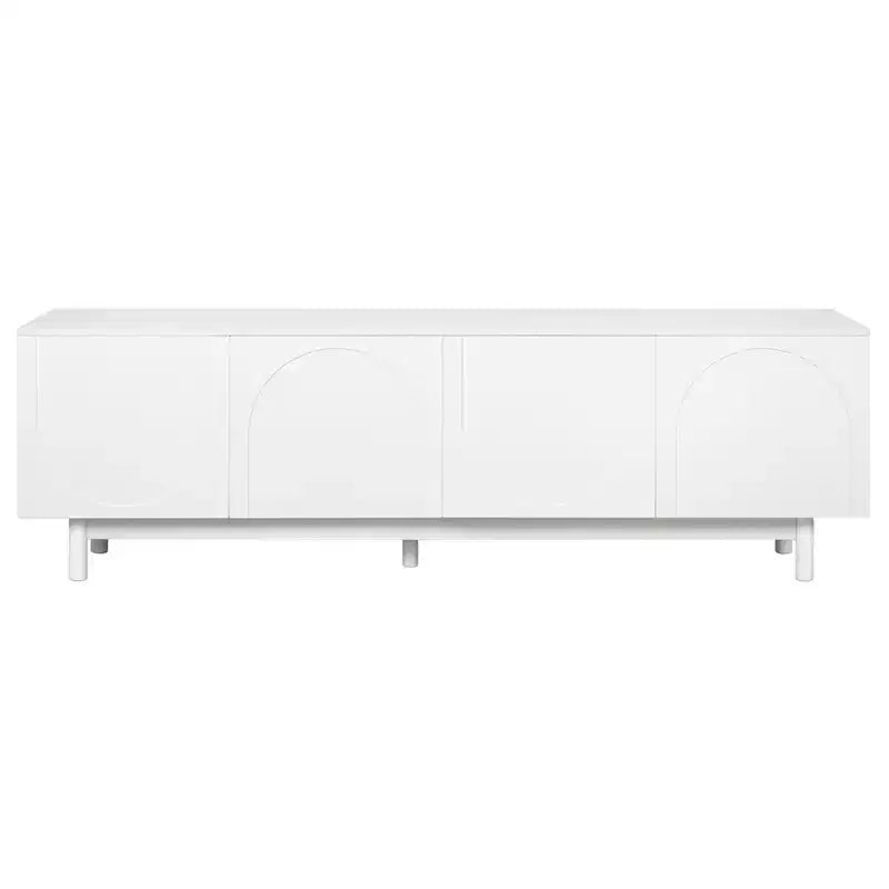 JVNOXK Meuble TV voûté élégant et stylé, adapté aux téléviseurs jusqu'à 78 pouces. Dispose d'un design minimaliste de pieds en bois massif blanc.